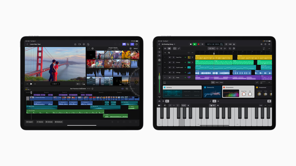 iPad 版 Final Cut Pro 與 Logic Pro 顯示於兩台 iPad 裝置上。