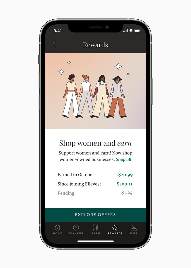 Écran de cashback dans l’app Ellevest sur iPhone 12 Pro.