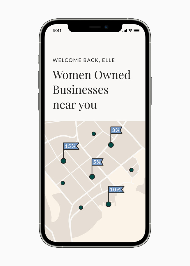 Pinned locations of women-owned businesses on the Ellevest app, displayed on iPhone 12 Pro.