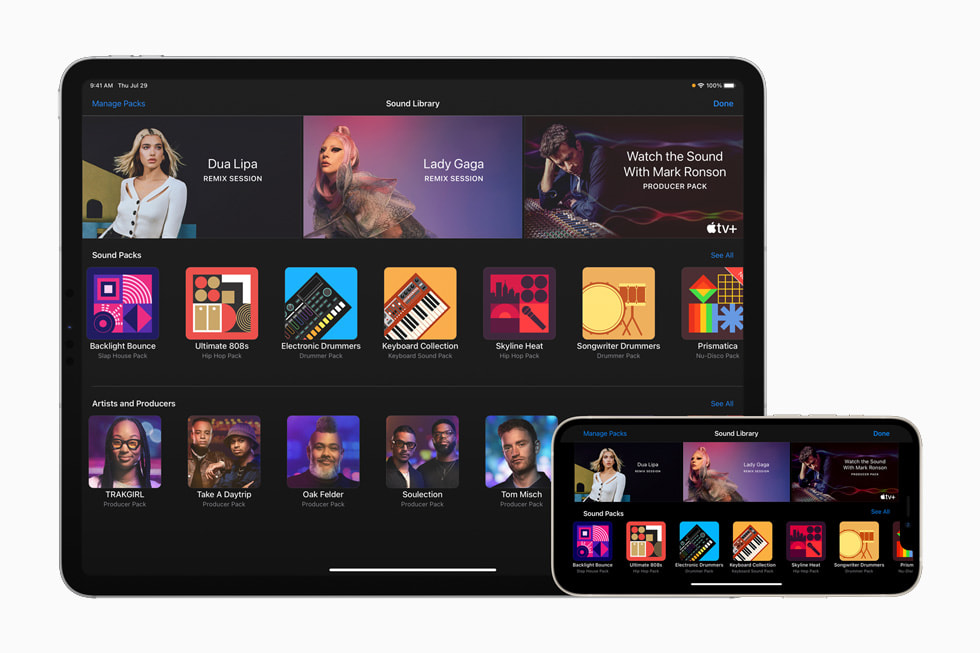 La bibliothèque de sons de l’app GarageBand, affichée sur l’iPad Pro et l’iPhone 12 Pro.