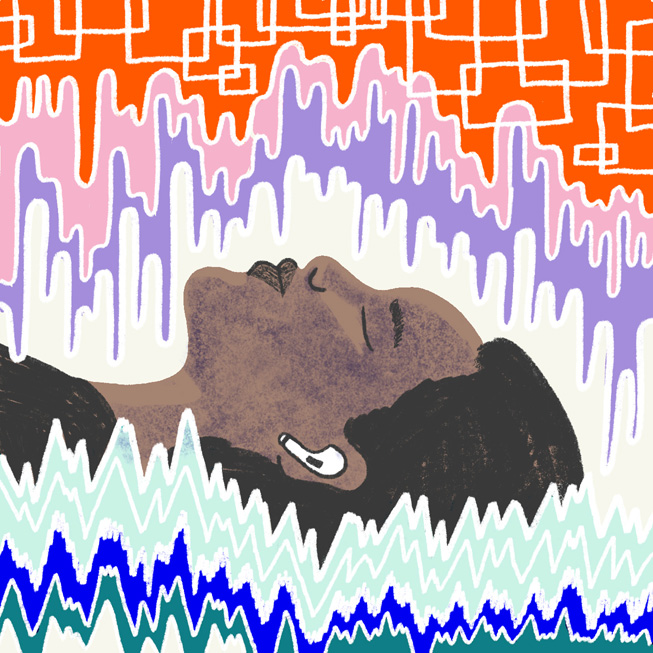 Illustration of a woman wearing AirPods and immersed in sound.