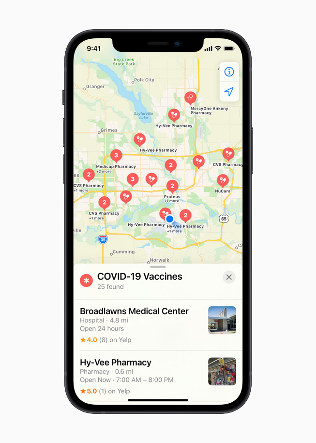 Updated COVID-19 vaccination locations on Apple Maps, displayed on iPhone 12.
