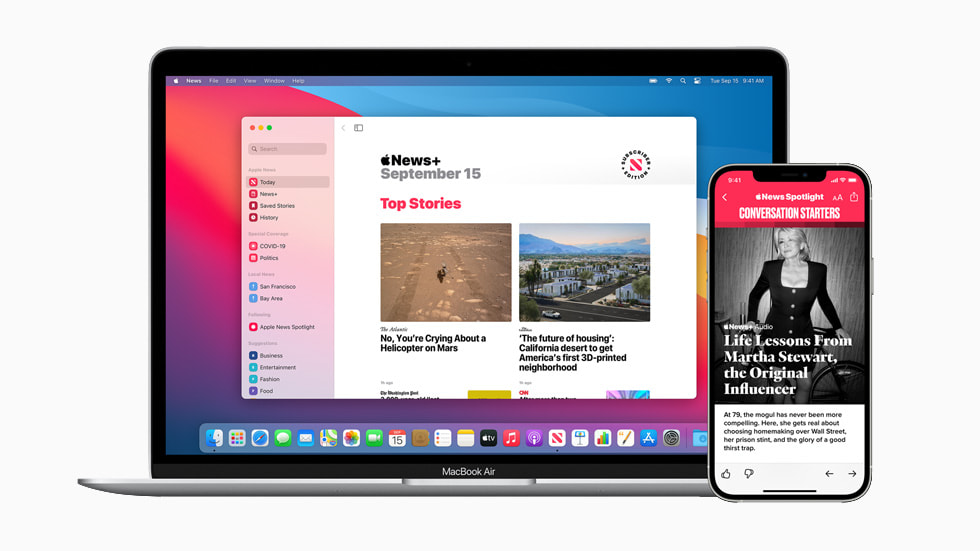 Apple News displayed on MacBook Air and iPhone 12 Pro.