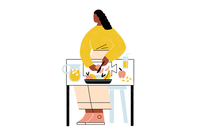 Illustration of a woman sitting down to a meal.