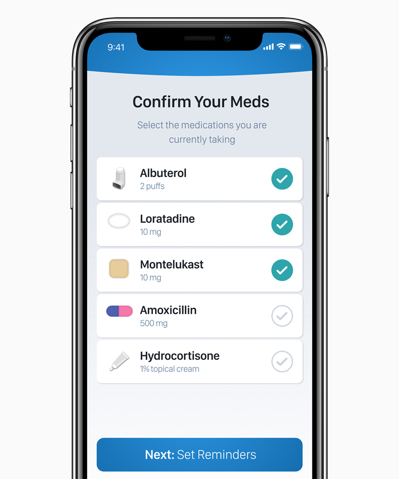 iPhone X showing screen with Confirm Your Meds to select the medications you are currently taking.