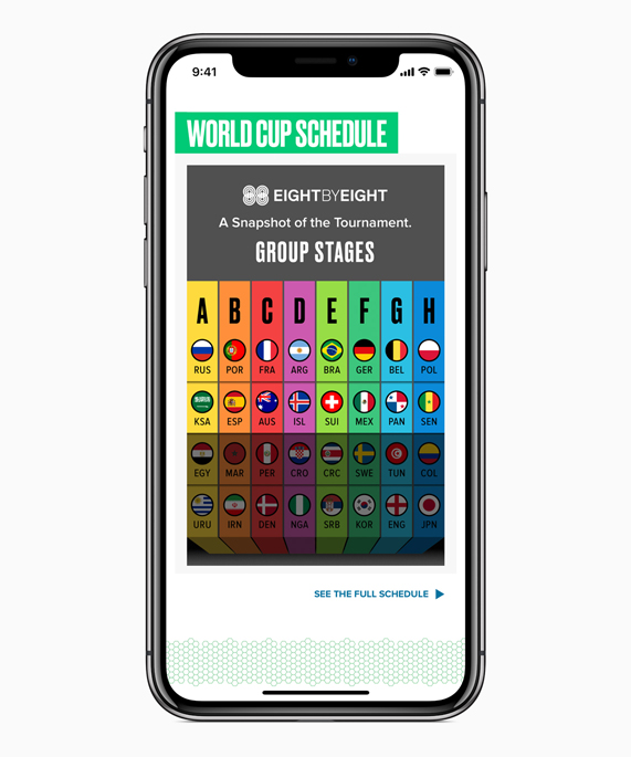 El iPhone X presenta las llaves de los juegos de la Copa del Mundo de la revista Eight by Eight en la app de Noticias de Apple