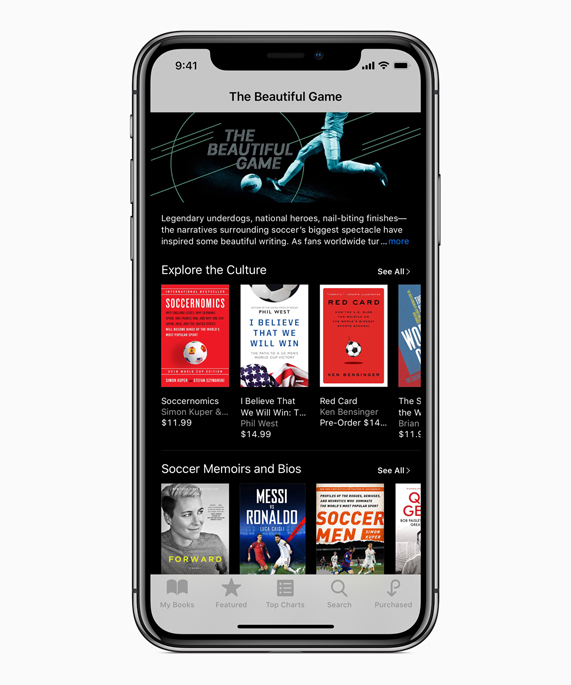 “The Beautiful Game” in iBooks screen shows downloadable books about soccer