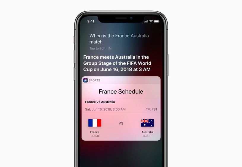 Siri responde a una pregunta sobre los horarios de los juegos de la selección francesa, en un iPhone X