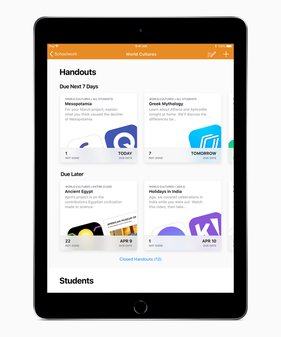 iPad showing Handouts screen in the Schoolwork app.