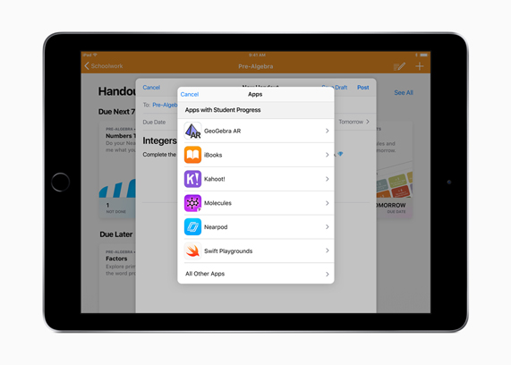 iPad con la app Tareas mostrando la pantalla de progresos del alumno.