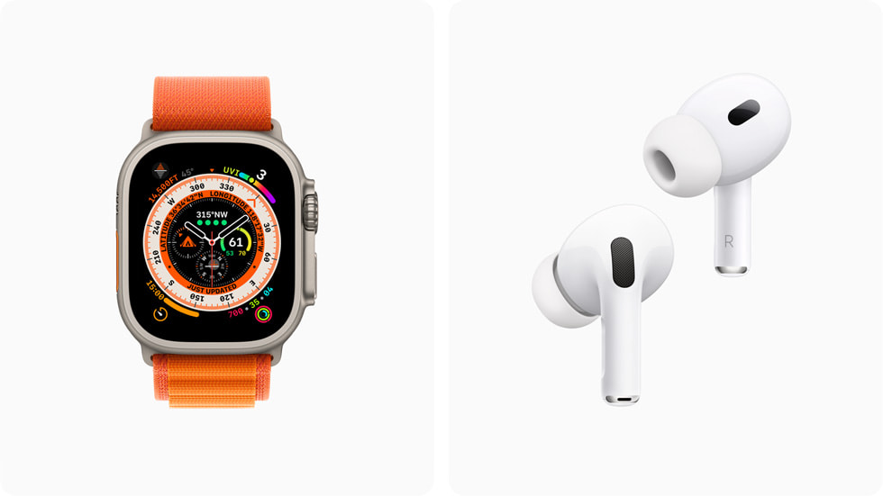 Apple Watch Ultra og AirPods Pro (2. generation) vises.