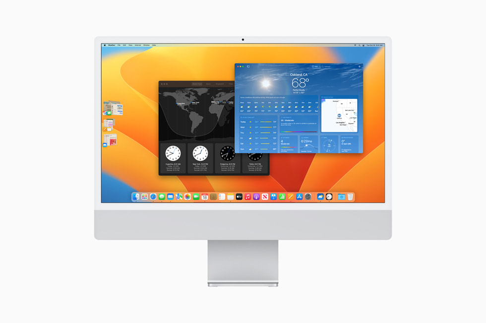 The Weather and Clock apps are shown on Mac.