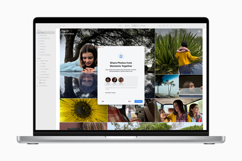 圖中顯示「iCloud 共享的照片圖庫」。螢幕顯示「分享共享時光的照片」。