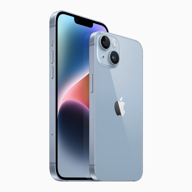 iPhone 14 et iPhone 14 Plus dans leur nouveau fini bleu.