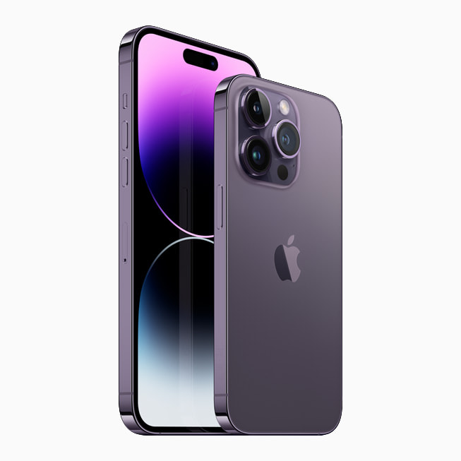 iPhone 14 Pro and iPhone 14 Pro Max are shown in the new dark purple finish.