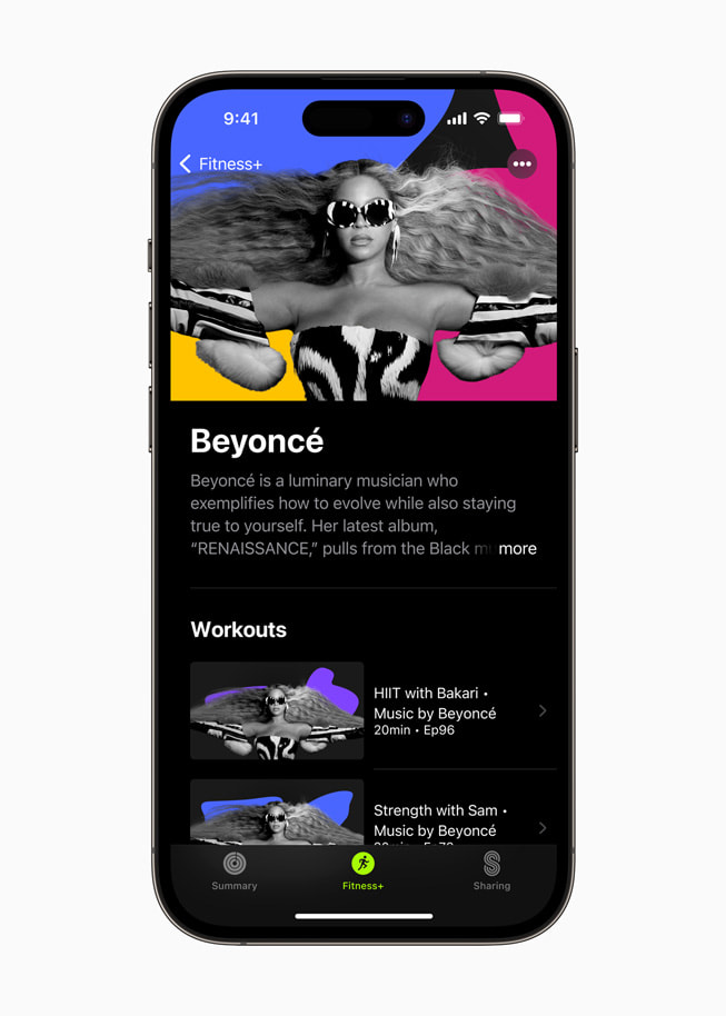 Artista en Detalle con música de Beyoncé se muestra en Fitness+.