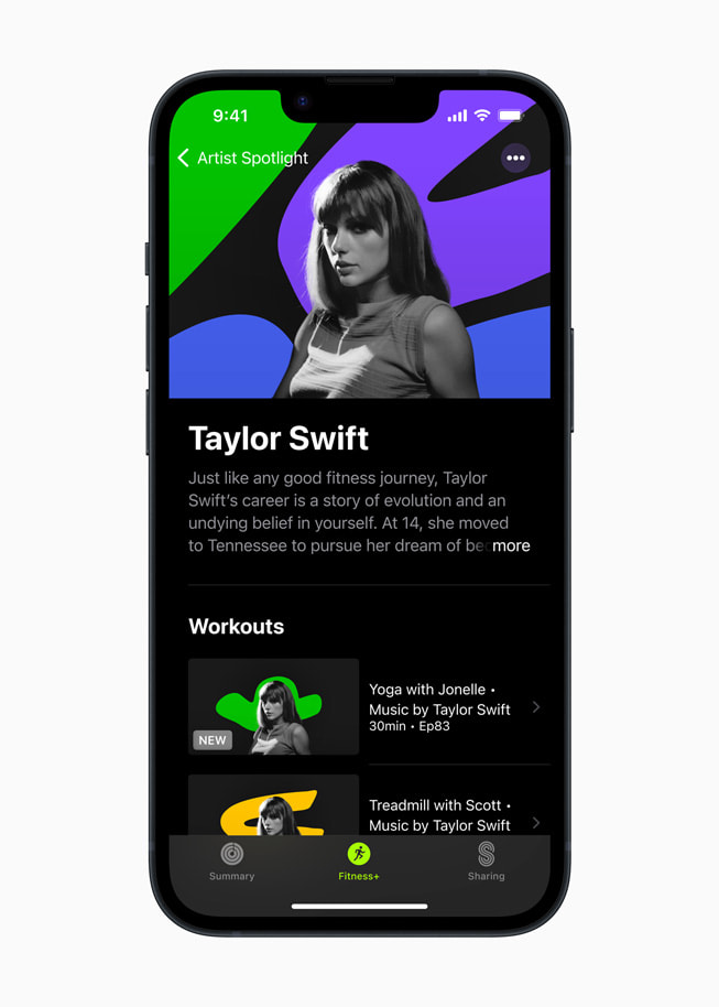 Artista em destaque de Taylor Swift mostrado no Apple Fitness plus no iPhone.