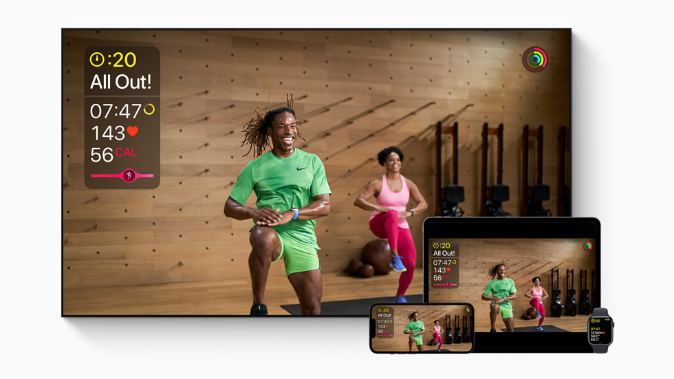 An Apple Fitness+ workout is shown on Apple TV, iPhone, iPad and Apple Watch.