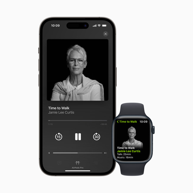 L’épisode de Marcher avec l’actrice Jamie Lee Curtis affiché sur iPhone et Apple Watch.
