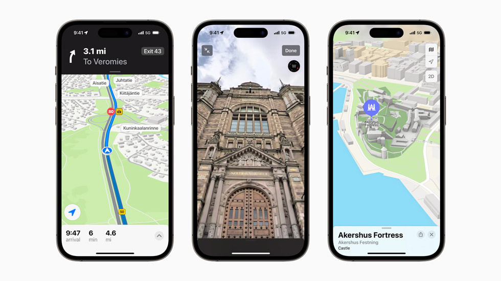 Nye Kart-funksjoner for Finnland, Norge og Sverige vises på en iPhone 14 Pro.