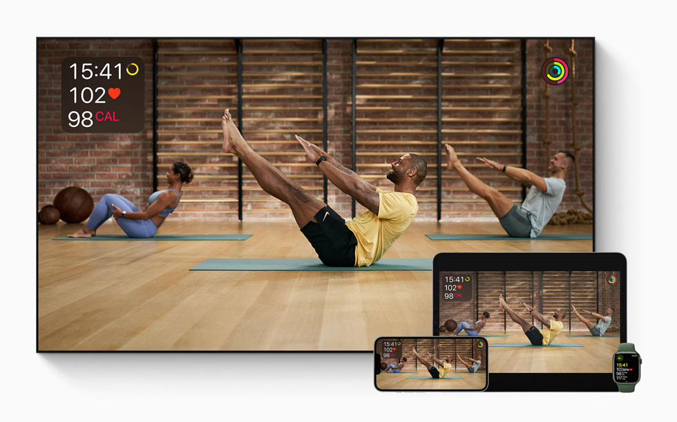 A Pilates workout displayed on a smart TV, on iPhone 13 Pro, iPad Pro, and on Apple Watch Series 7.