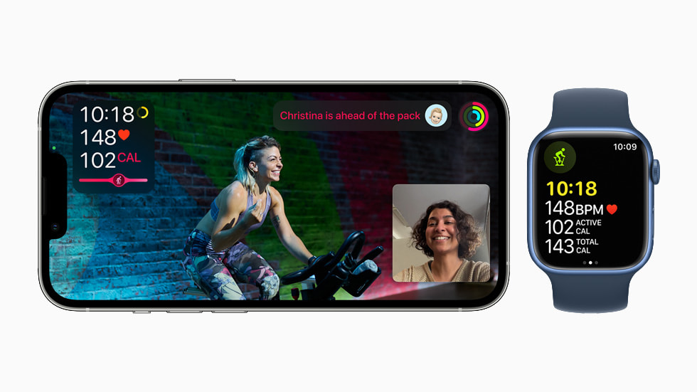 Fitness+ displayed on iPhone 13 Pro with an Apple Watch Series 7 showing a Cycling session.