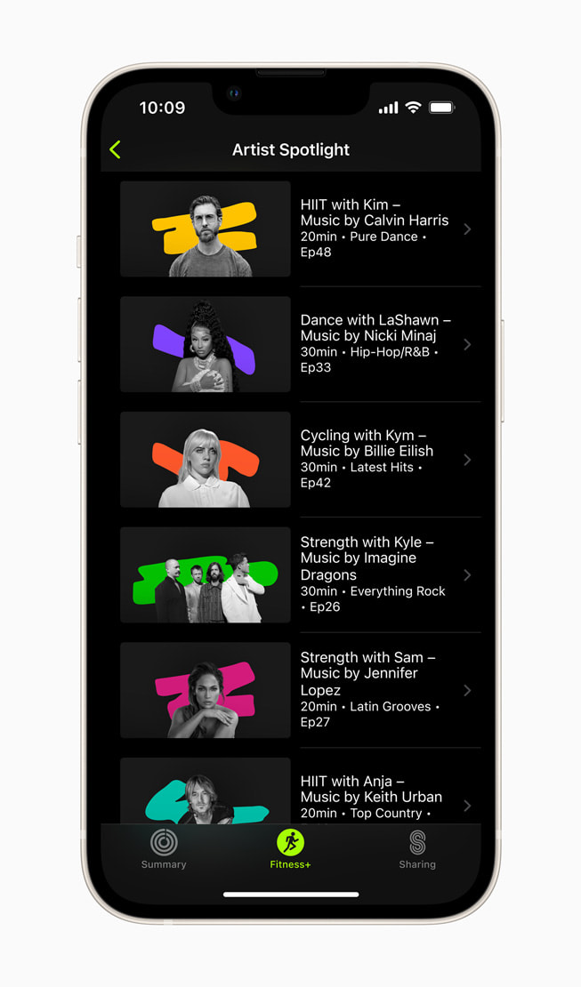 An iPhone screen shows six artists and their Artist Spotlights playlists in Fitness+.