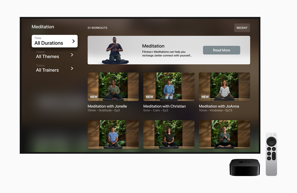 A screen in Apple Fitness+ shows several Meditation courses.