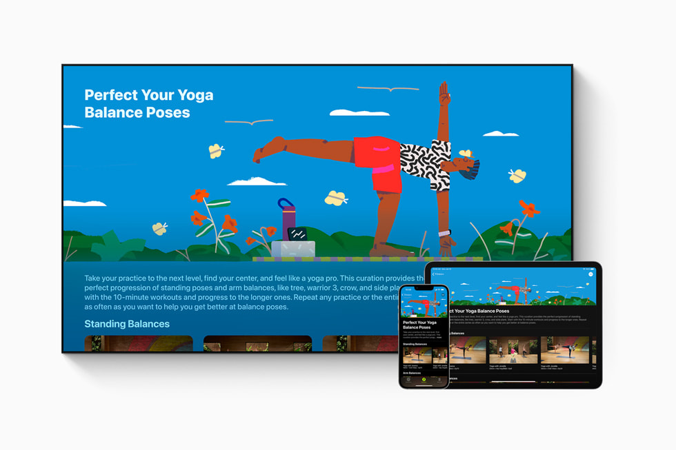 iPhone 13 Pro, iPad Pro and a smart TV showing yoga balance poses on Collections through Fitness+.
