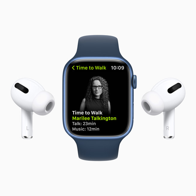 A Time to Walk episode with Marilee Talkington displayed on Apple Watch Series 7 with AirPods Pro.