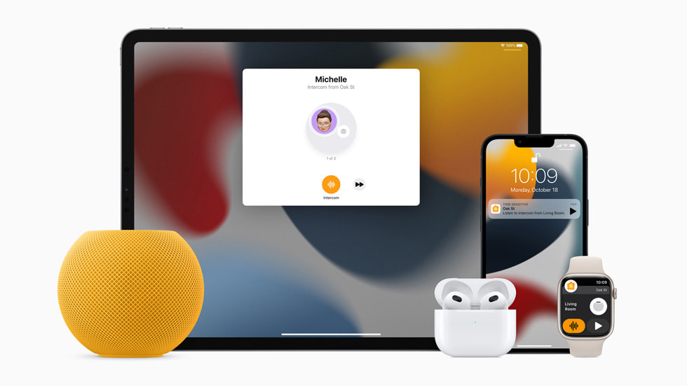 HomePod mini in yellow, iPad Pro, AirPods (3rd generation), iPhone, and Apple Watch using Intercom.