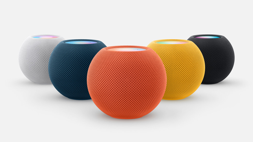 HomePod mini in white, blue, orange, yellow, and space grey.