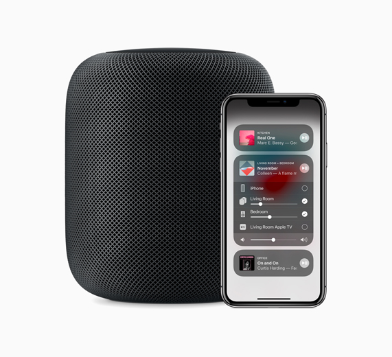 A side-by-side photo of the HomePod and iPhone displaying Control Center.