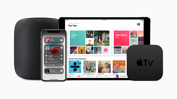 HomePod, iPhone X, iPad en Apple TV op een rij.