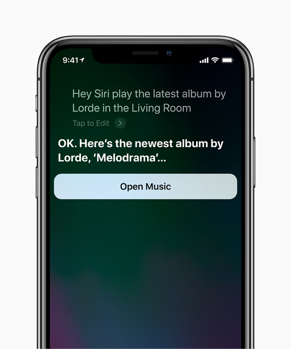 iPhone X-scherm met Siri die het nieuwste album presenteert van Lorde, Melodrama.