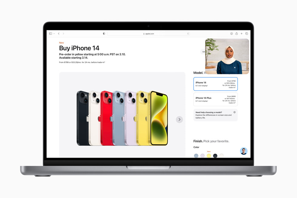 The Shop with a Specialist over Video experience is shown over an [apple.com] (https://www.apple.com) page reading “Compare iPhone models” and showing iPhone 14 Pro Max, iPhone 14 Plus, and iPhone 14.