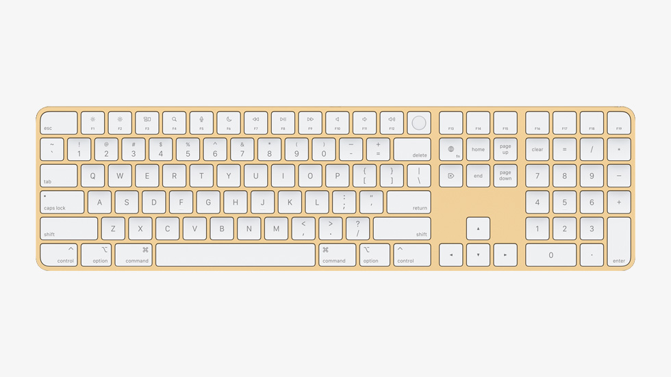 옐로 색상의 Touch ID 및 숫자 키패드 탑재형 Magic Keyboard.
