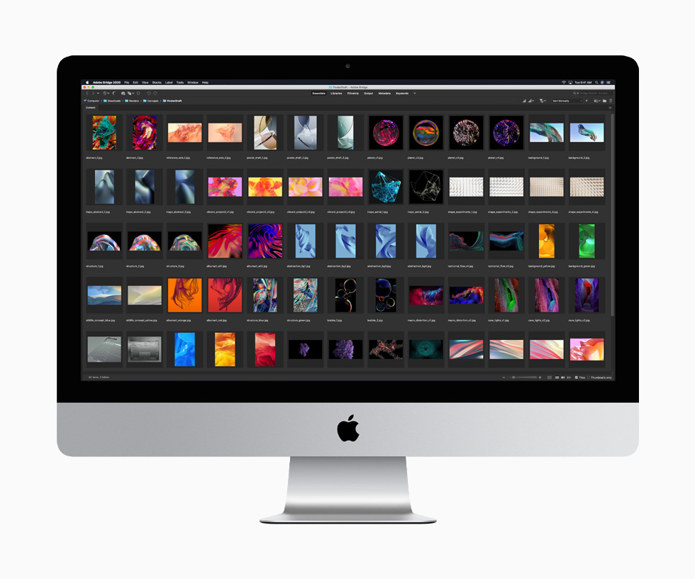 Sixty-five JPEG thumbnails of various graphics displayed on the 27-inch iMac convey the idea of greater storage capacity.
