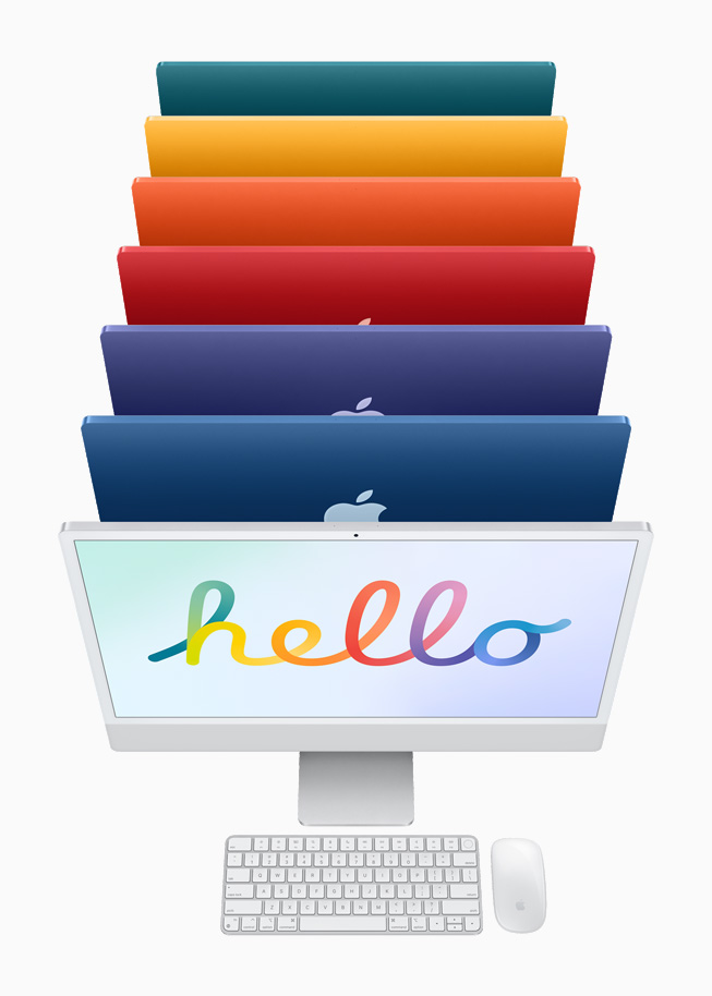 실버 iMac과 본체 색상에 맞춘 Magic Keyboard 및 Magic Mouse, 그리고 6개 색상의 iMac.