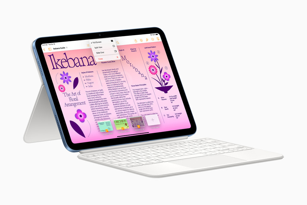 2단 분리형 Magic Keyboard Folio를 장착한 핑크 색상의 신형 iPad 및 Apple Pencil.
