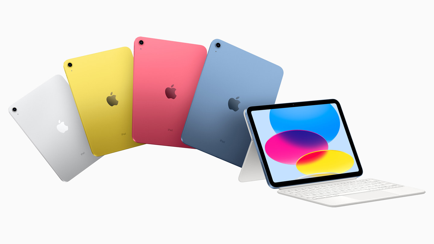 Parte posterior del nuevo iPad en los cuatro colores y el iPad en color plata con el Magic Keyboard Folio.