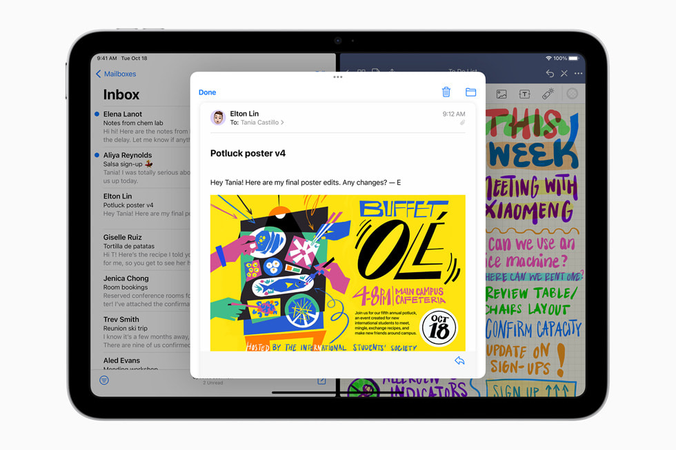 Mail in iPadOS 16 mit Split View auf dem neuen iPad.