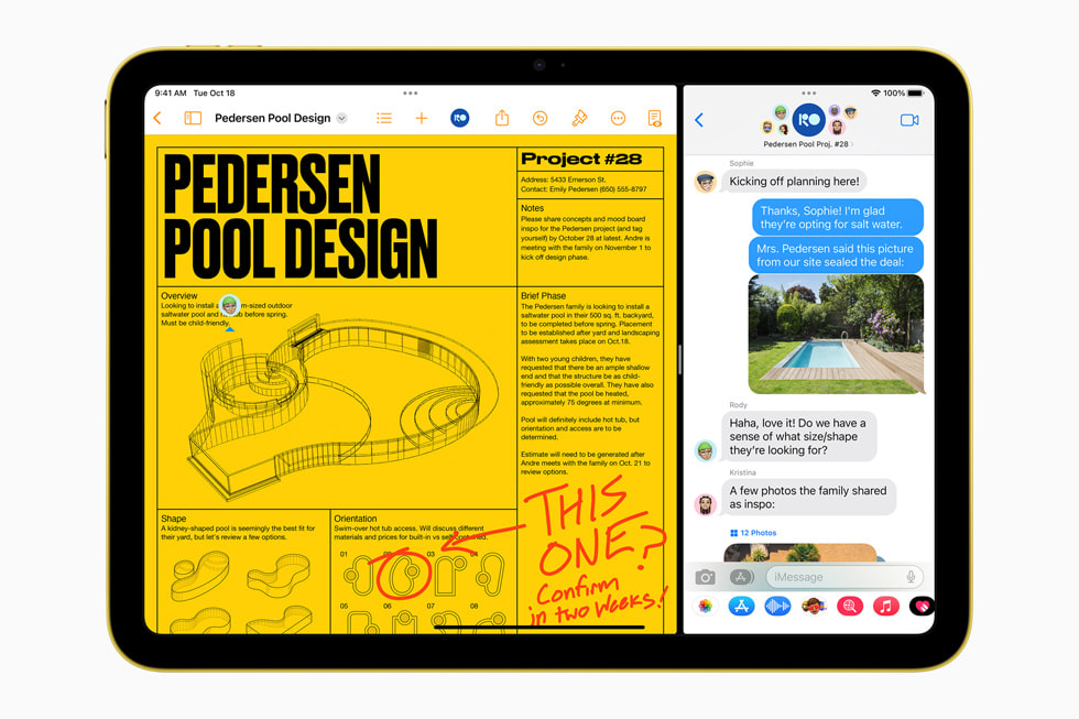 Appen Meddelanden i iPadOS 16 med Split View och Märkning på nya iPad.