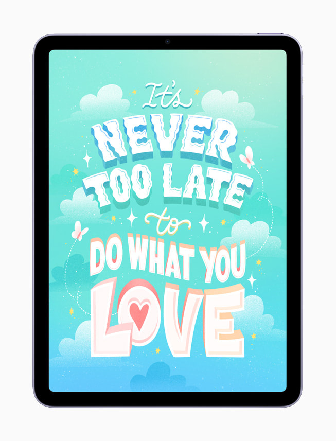 Trabajo digital de lettering de Belinda Kou que dice, en inglés: "Nunca es tarde para hacer lo que amas".