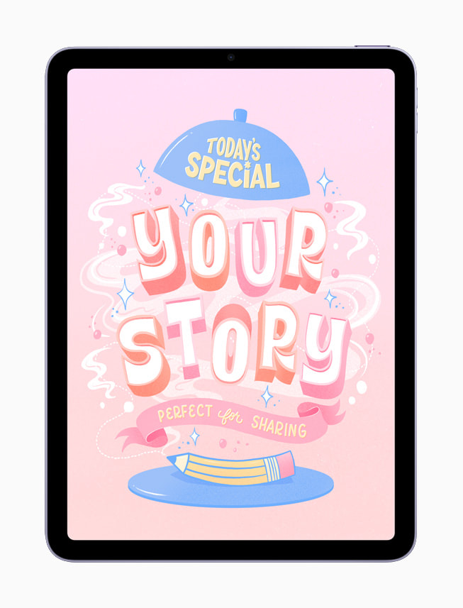 Belinda Kou’nun dijital yazı eserinde İngilizce olarak “Günün spesiyali: Senin hikayen. Paylaşmak için mükemmel.” yazıyor.