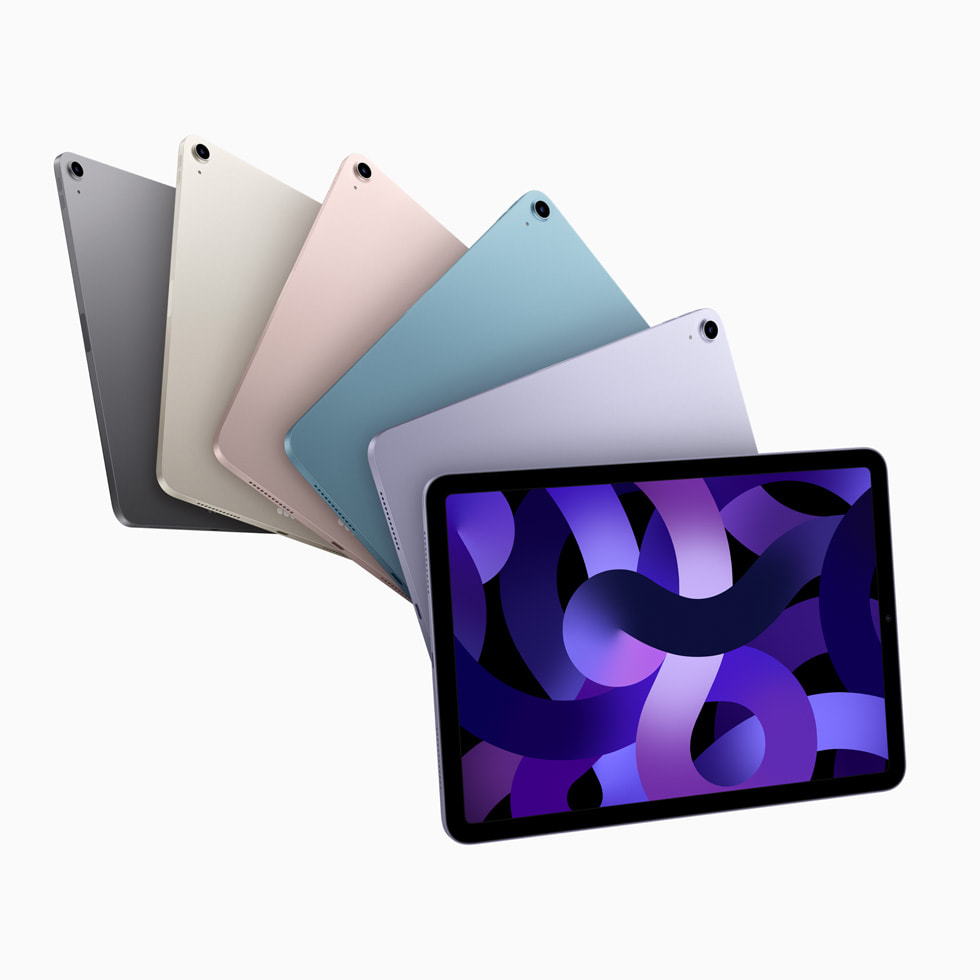 全新 iPad Air 備有太空灰、星光色、粉紅色、藍色和紫色。