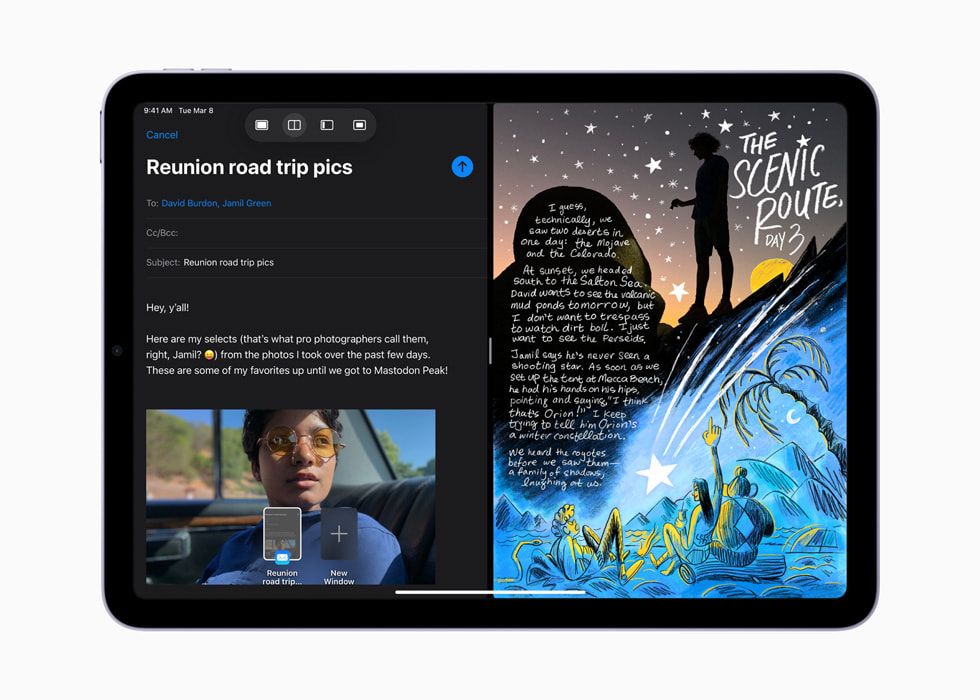 iPad Air’de Split View özelliği mail ve Ana Ekran’ı gösteriyor.