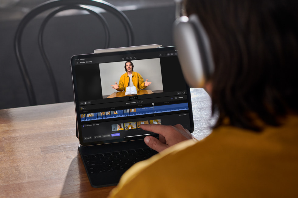 A user works on a video titled “Sneaker Unboxing” using Final Cut Pro on iPad.