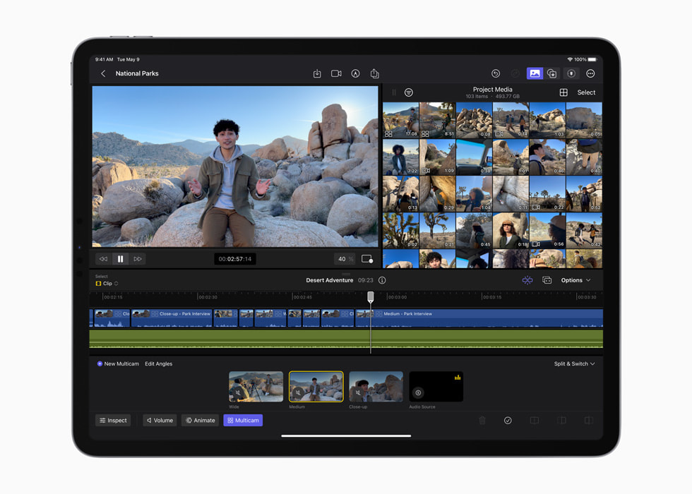 iPad용 Final Cut Pro에서 멀티캠 영상 편집을 하는 모습.