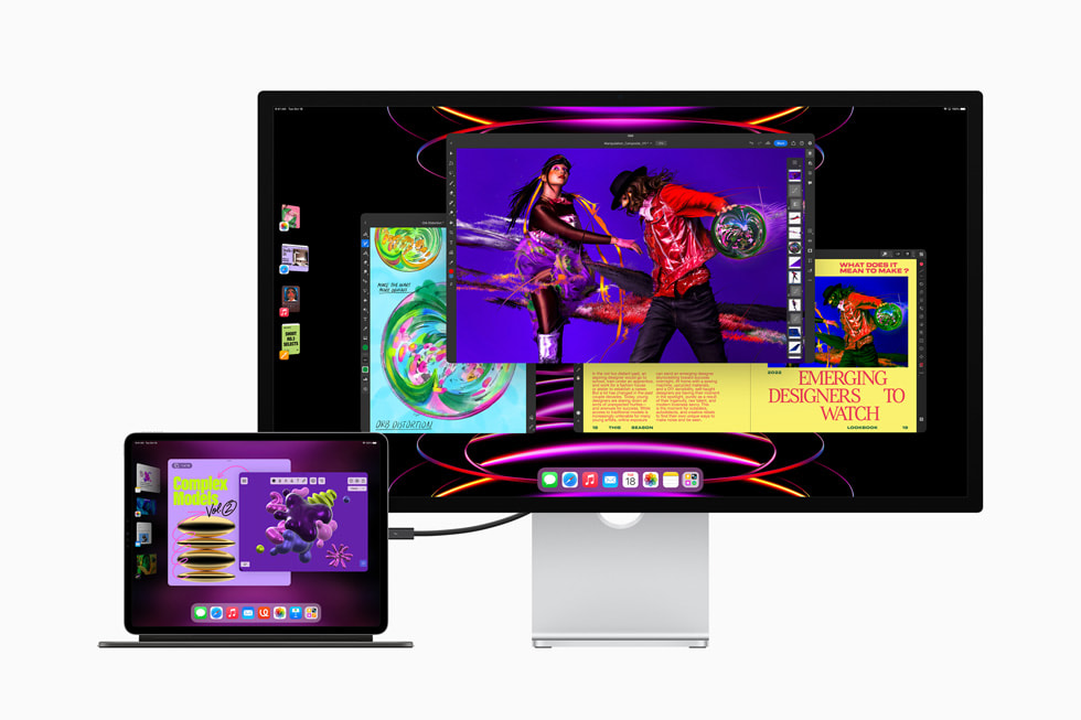 iPad Pro con Magic Keyboard conectado a un monitor Studio Display mediante el Organizador Visual en el iPadOS 16.